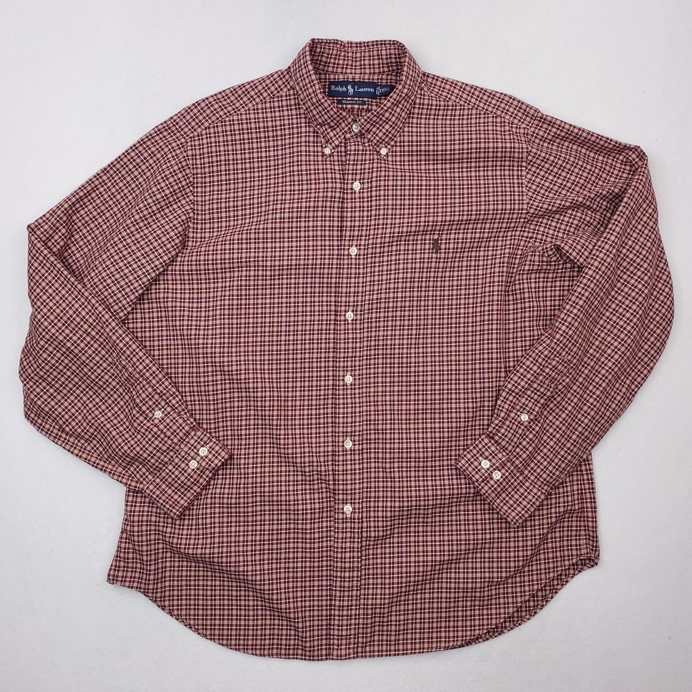 Vintage Ralph Lauren Shirt Mens XL 17 Maroon Check Classic Fit Button Down